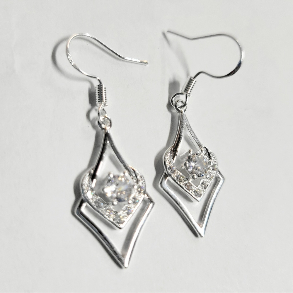 Sterling Silver Heart Zircon Drop Dangle Earrings - Picture 2 of 4